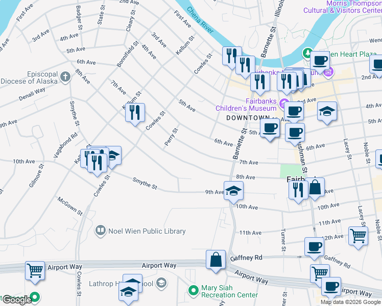 map of restaurants, bars, coffee shops, grocery stores, and more near 755 8th Avenue in Fairbanks