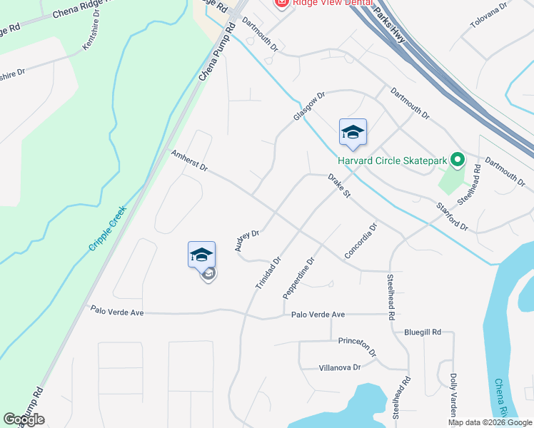 map of restaurants, bars, coffee shops, grocery stores, and more near 595 Audrey Drive in Fairbanks