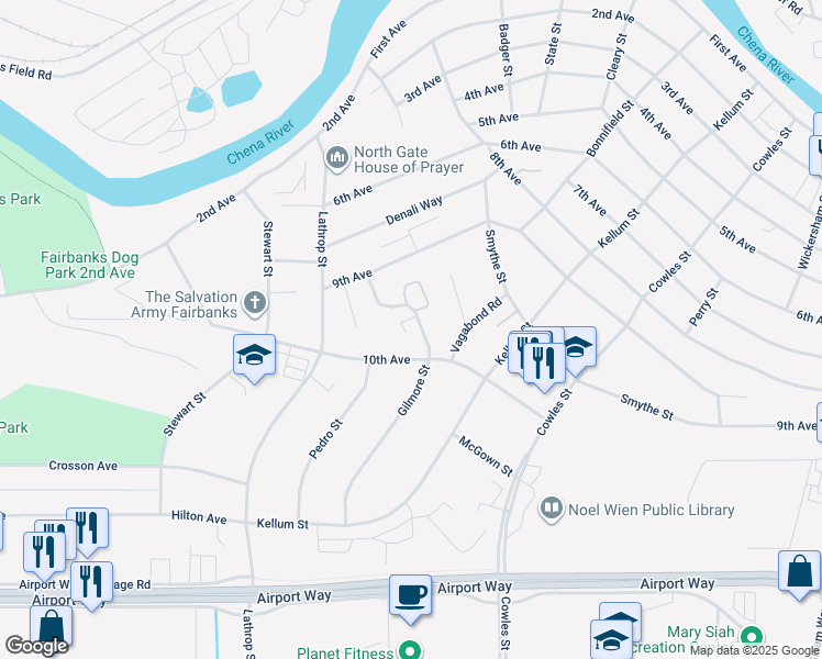 map of restaurants, bars, coffee shops, grocery stores, and more near 1002 Gilmore Street in Fairbanks