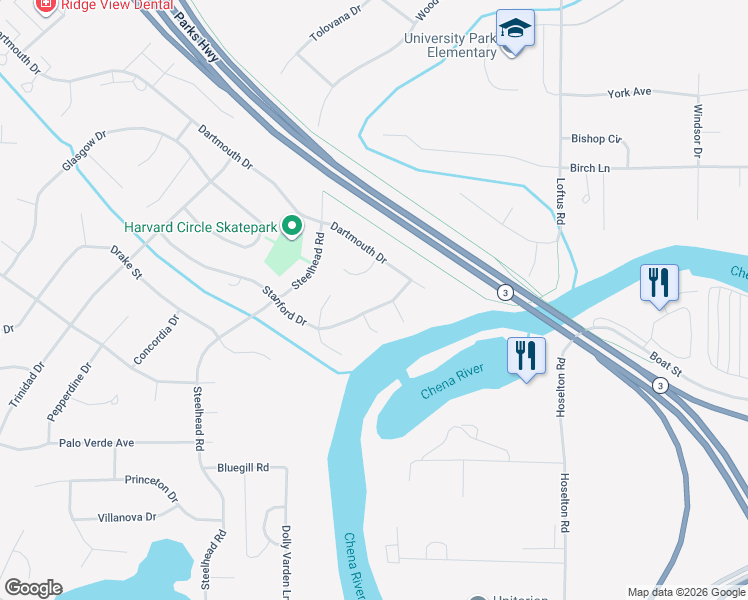 map of restaurants, bars, coffee shops, grocery stores, and more near 108 Duke Way in Fairbanks