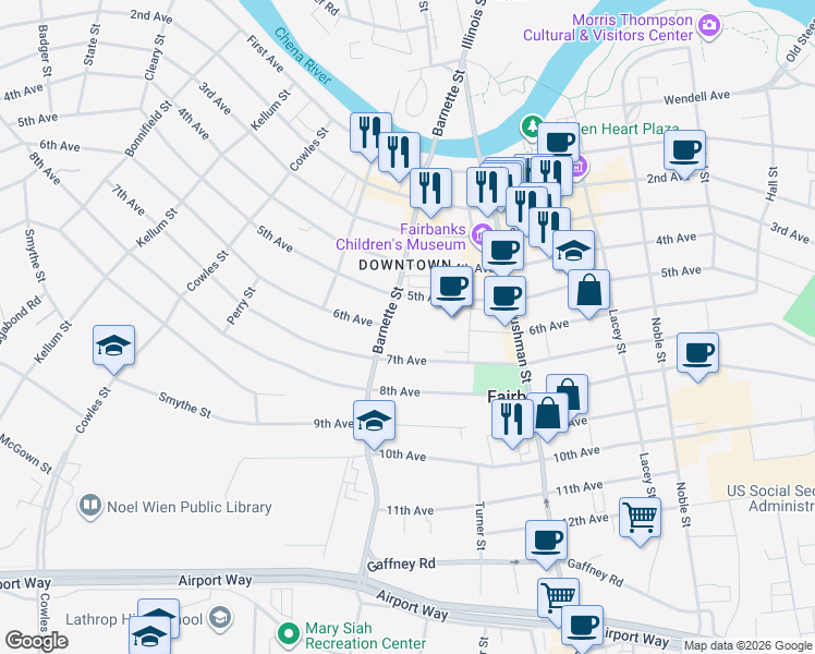map of restaurants, bars, coffee shops, grocery stores, and more near 501 Barnette Street in Fairbanks