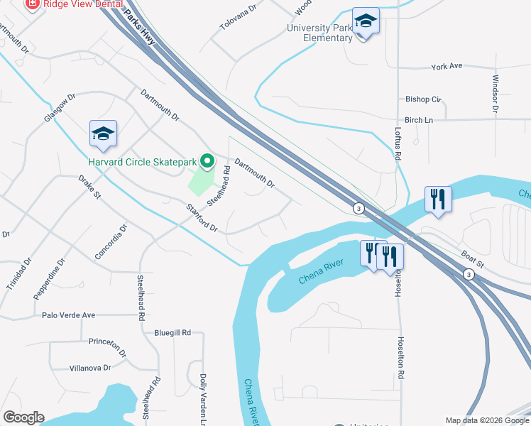 map of restaurants, bars, coffee shops, grocery stores, and more near 108 Duke Way in Fairbanks