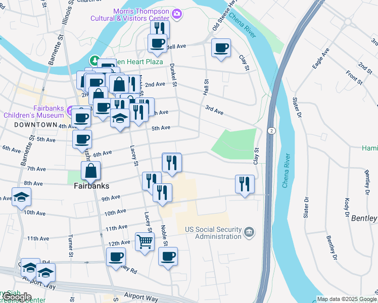 map of restaurants, bars, coffee shops, grocery stores, and more near 475 Hall Street in Fairbanks