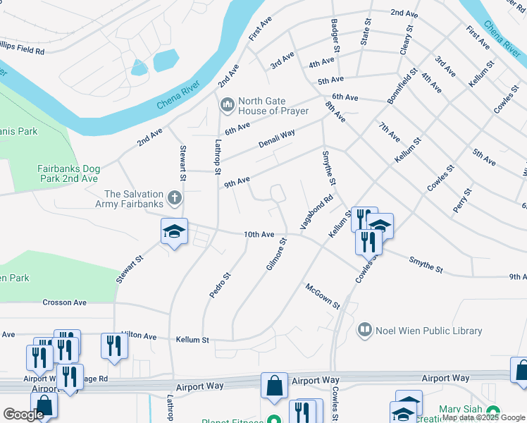 map of restaurants, bars, coffee shops, grocery stores, and more near 901 Gilmore Street in Fairbanks