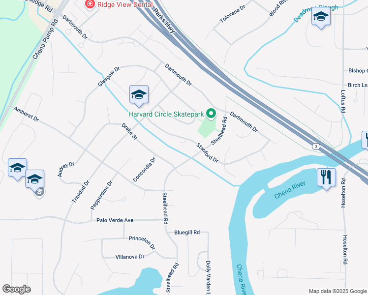 map of restaurants, bars, coffee shops, grocery stores, and more near 4717 Harvard Circle in Fairbanks