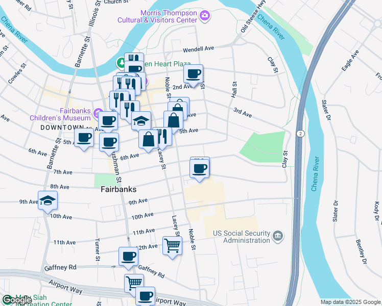 map of restaurants, bars, coffee shops, grocery stores, and more near 327 6th Avenue in Fairbanks
