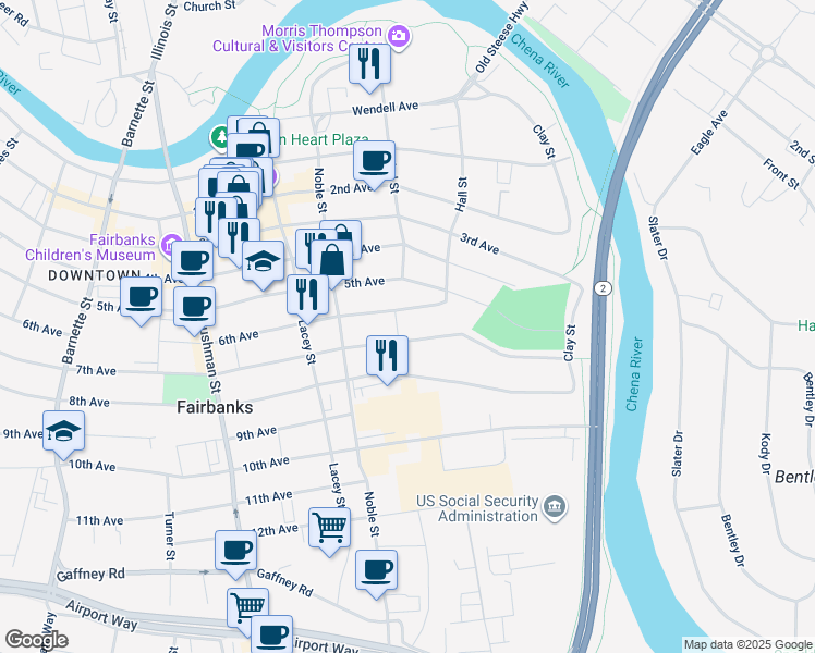 map of restaurants, bars, coffee shops, grocery stores, and more near 303 5th Avenue in Fairbanks