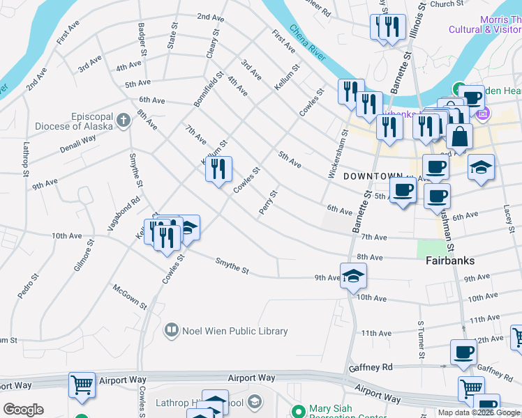 map of restaurants, bars, coffee shops, grocery stores, and more near in Fairbanks