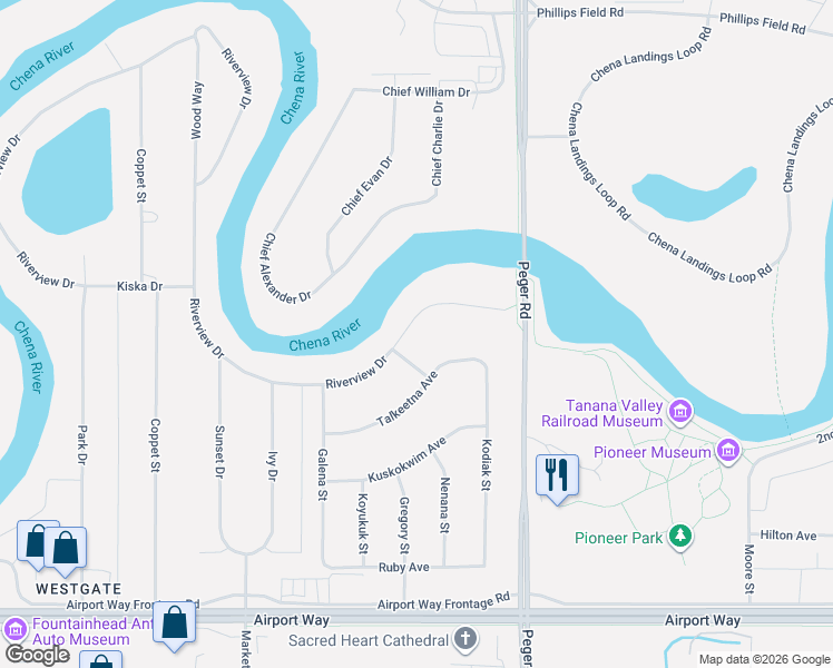 map of restaurants, bars, coffee shops, grocery stores, and more near 2584 Riverview Drive in Fairbanks