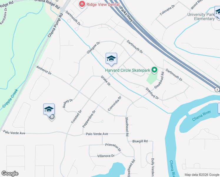 map of restaurants, bars, coffee shops, grocery stores, and more near 4800 Drake Street in Fairbanks