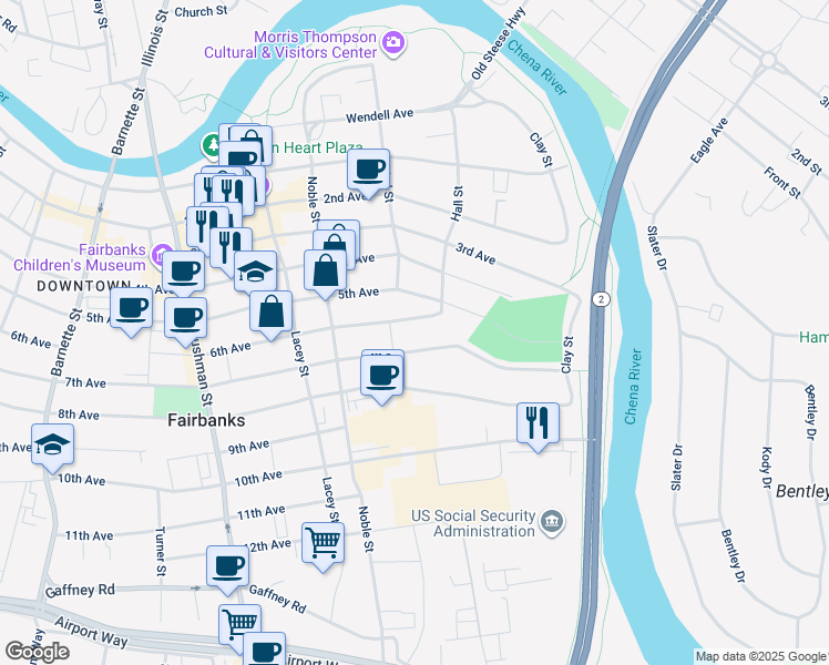 map of restaurants, bars, coffee shops, grocery stores, and more near 303 5th Avenue in Fairbanks