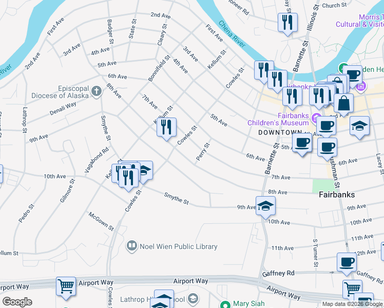 map of restaurants, bars, coffee shops, grocery stores, and more near in Fairbanks