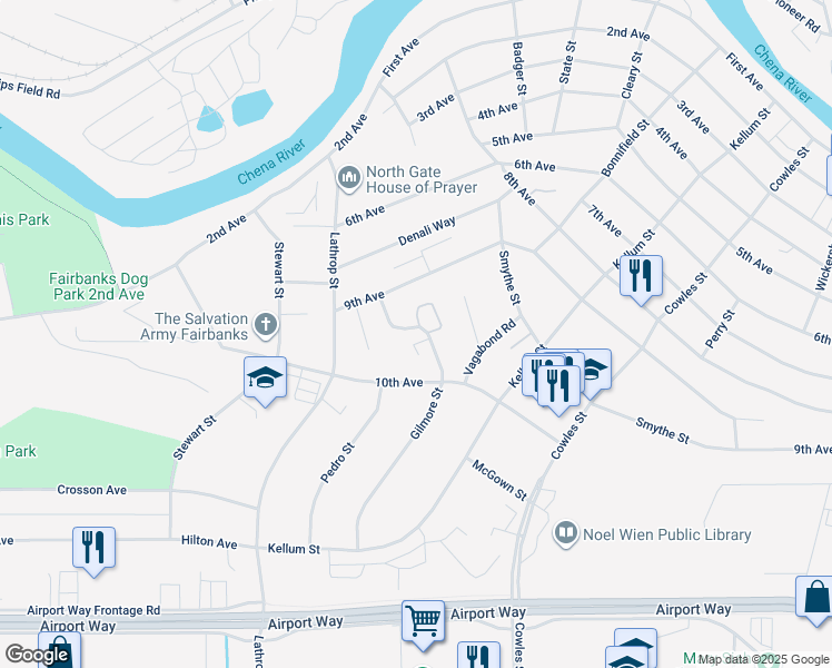 map of restaurants, bars, coffee shops, grocery stores, and more near 950 Gilmore Street in Fairbanks