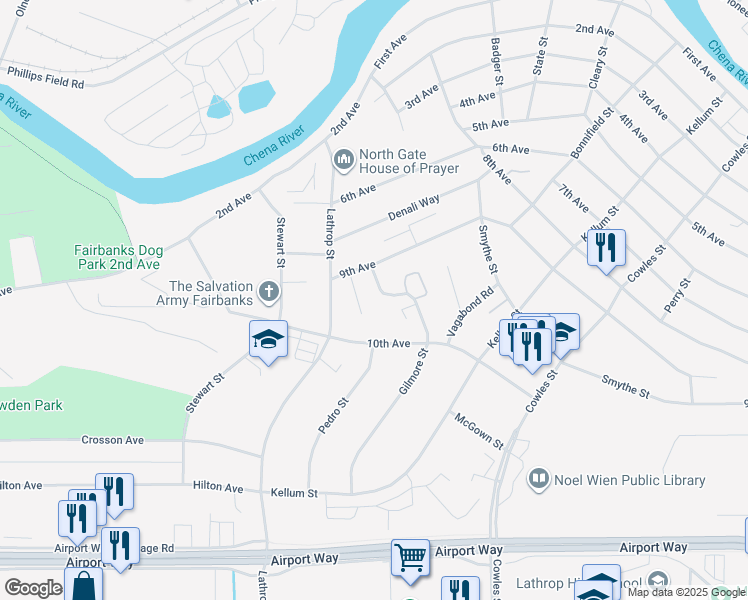 map of restaurants, bars, coffee shops, grocery stores, and more near 901 Gilmore Street in Fairbanks