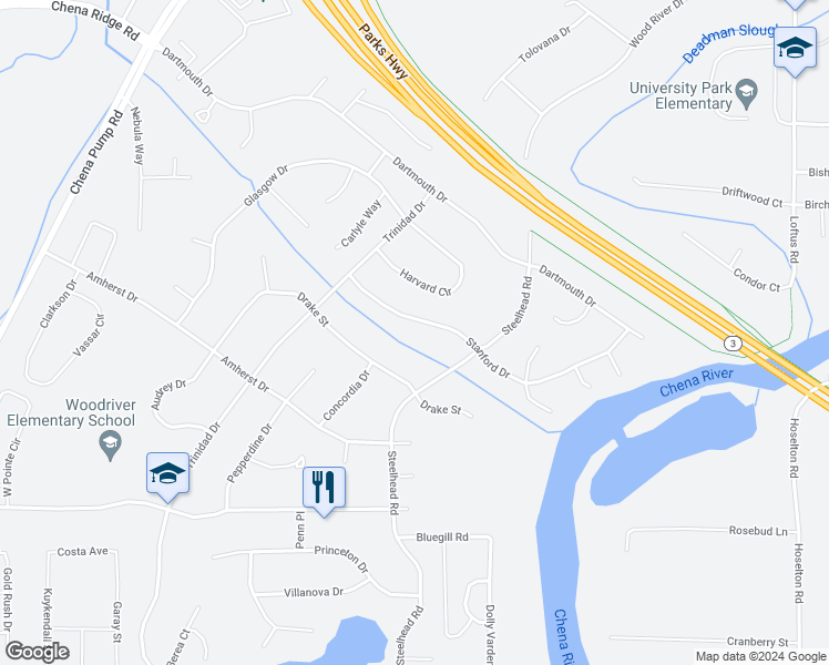 map of restaurants, bars, coffee shops, grocery stores, and more near 4633 Stanford Drive in Fairbanks