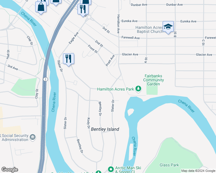 map of restaurants, bars, coffee shops, grocery stores, and more near 582 Slater Drive in Fairbanks