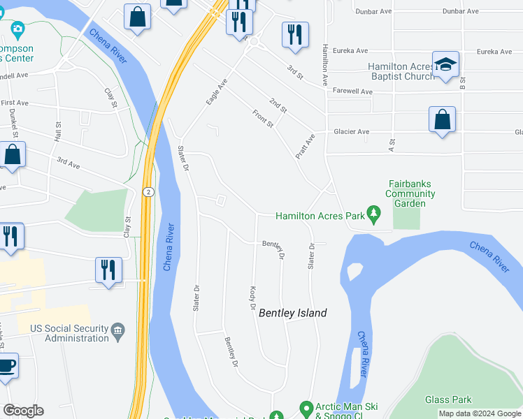 map of restaurants, bars, coffee shops, grocery stores, and more near 600 Slater Drive East in Fairbanks