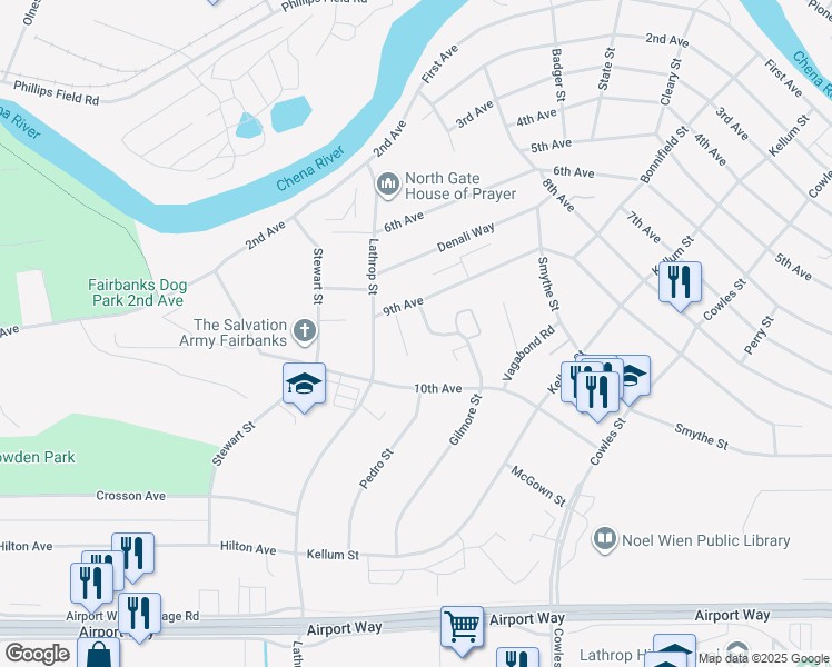 map of restaurants, bars, coffee shops, grocery stores, and more near 901 Gilmore Street in Fairbanks