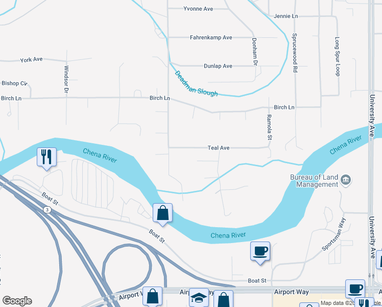 map of restaurants, bars, coffee shops, grocery stores, and more near 4081 Teal Avenue in Fairbanks