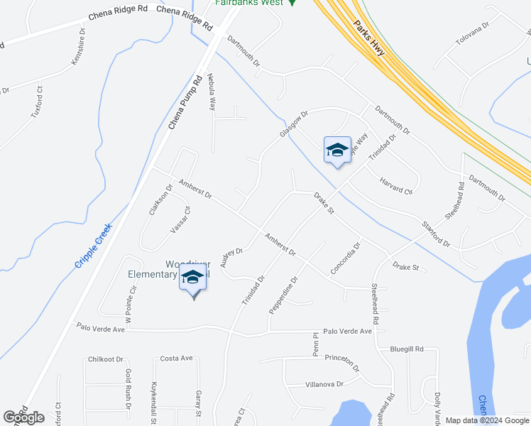 map of restaurants, bars, coffee shops, grocery stores, and more near 4956 Drake Street in Fairbanks