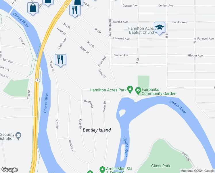 map of restaurants, bars, coffee shops, grocery stores, and more near 99 Hamilton Avenue in Fairbanks