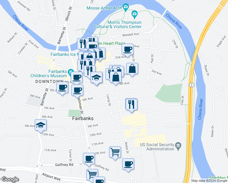 map of restaurants, bars, coffee shops, grocery stores, and more near 407 5th Avenue in Fairbanks