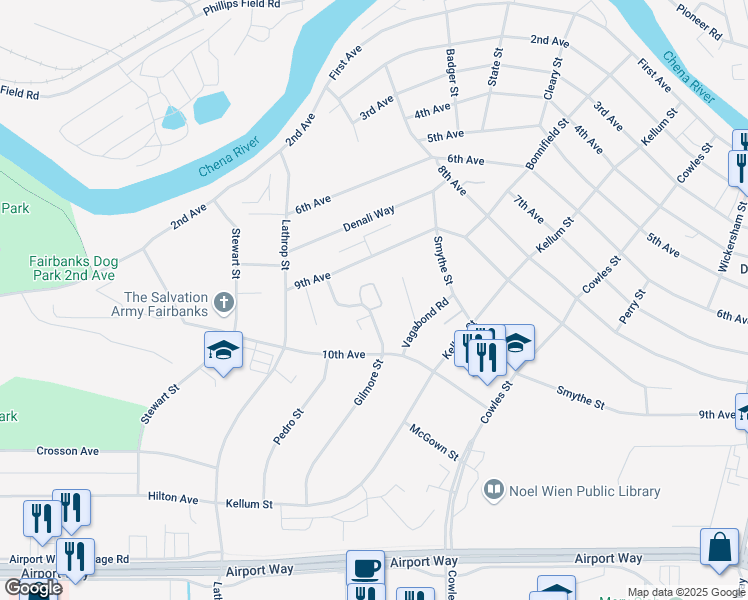 map of restaurants, bars, coffee shops, grocery stores, and more near 950 Gilmore Street in Fairbanks