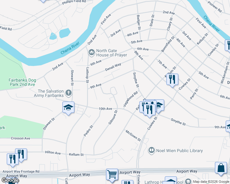 map of restaurants, bars, coffee shops, grocery stores, and more near 950 Gilmore Street in Fairbanks