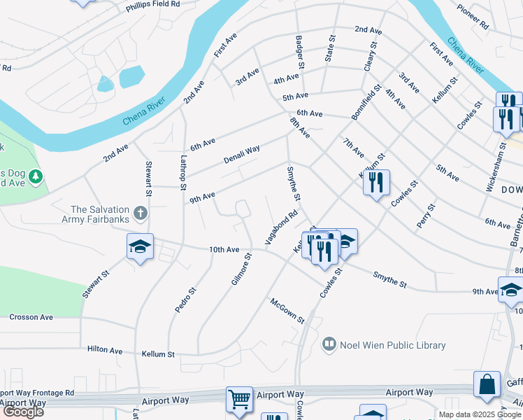 map of restaurants, bars, coffee shops, grocery stores, and more near 125 Kantishna Way in Fairbanks