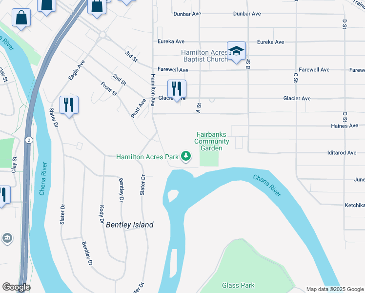 map of restaurants, bars, coffee shops, grocery stores, and more near 104 B Street in Fairbanks