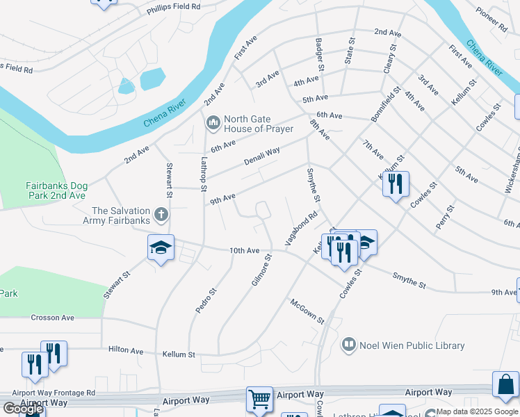 map of restaurants, bars, coffee shops, grocery stores, and more near 950 Gilmore Street in Fairbanks