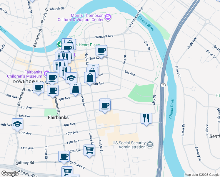 map of restaurants, bars, coffee shops, grocery stores, and more near 303 5th Avenue in Fairbanks