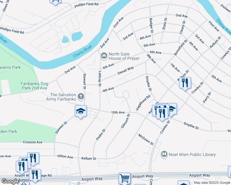 map of restaurants, bars, coffee shops, grocery stores, and more near 901 Gilmore Street in Fairbanks