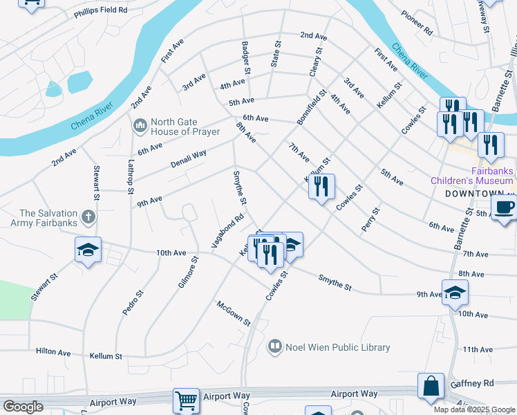map of restaurants, bars, coffee shops, grocery stores, and more near 1008 Smythe St in Fairbanks