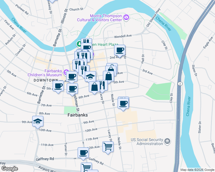 map of restaurants, bars, coffee shops, grocery stores, and more near 401 5th Avenue in Fairbanks