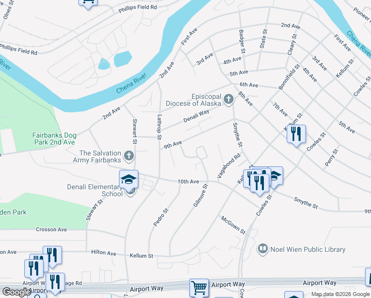 map of restaurants, bars, coffee shops, grocery stores, and more near 901 Gilmore Street in Fairbanks