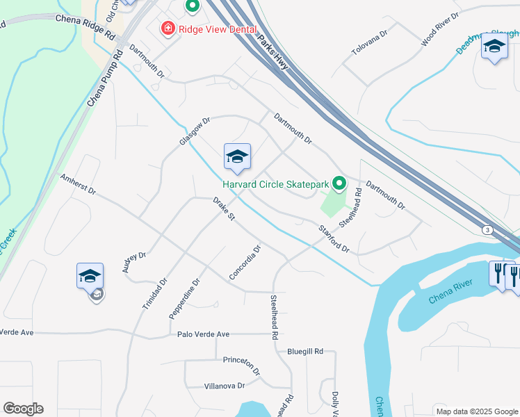 map of restaurants, bars, coffee shops, grocery stores, and more near 4729 Stanford Drive in Fairbanks