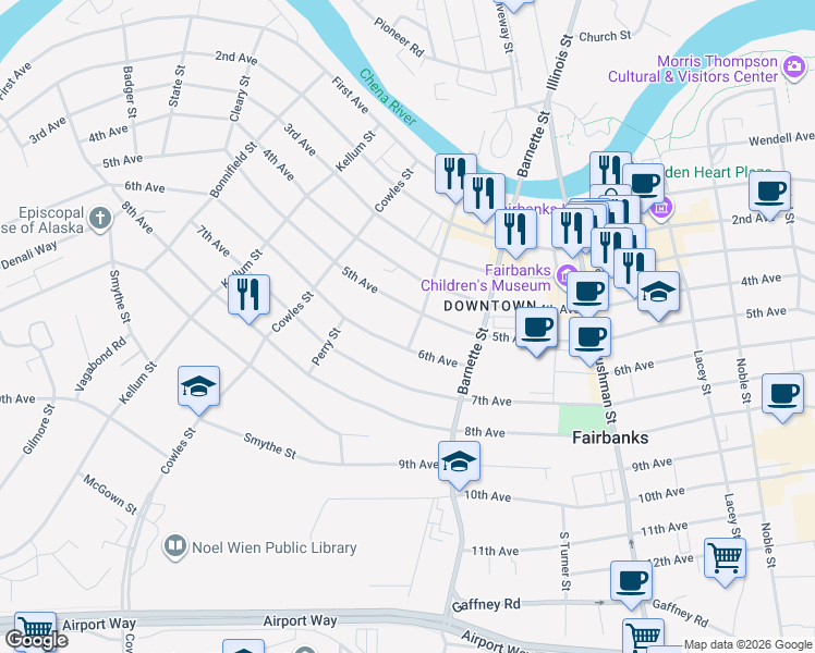 map of restaurants, bars, coffee shops, grocery stores, and more near 510 Wickersham Street in Fairbanks