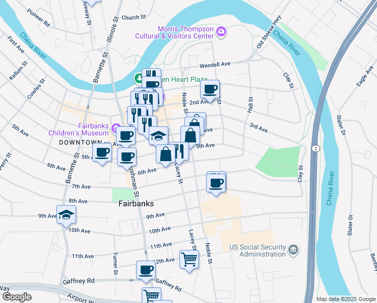 map of restaurants, bars, coffee shops, grocery stores, and more near 401 5th Avenue in Fairbanks