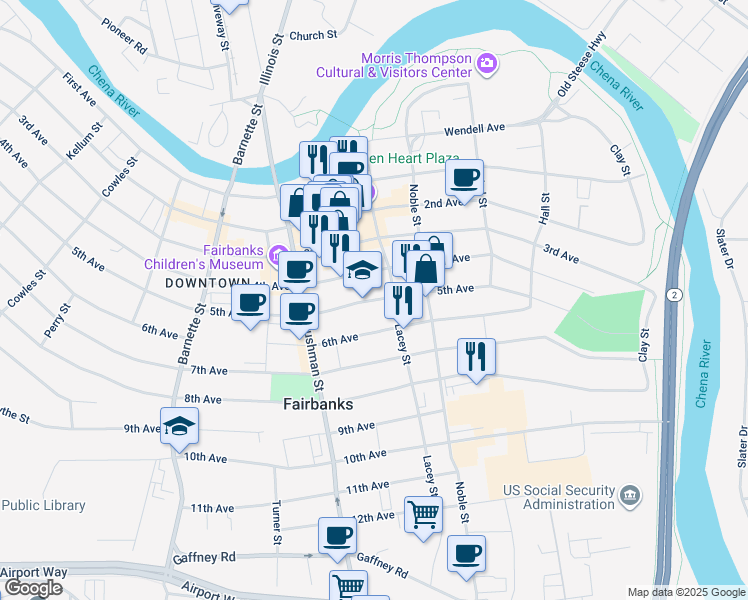 map of restaurants, bars, coffee shops, grocery stores, and more near 520 5th Avenue in Fairbanks