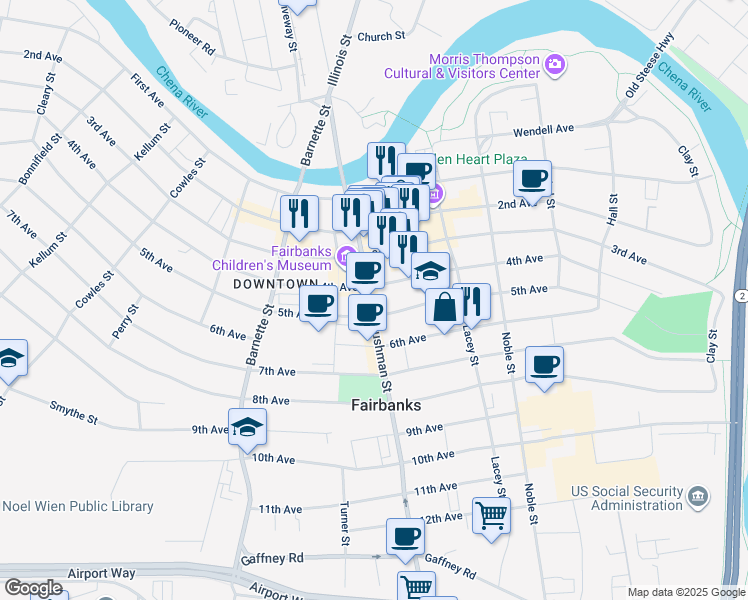 map of restaurants, bars, coffee shops, grocery stores, and more near 403 Cushman Street in Fairbanks