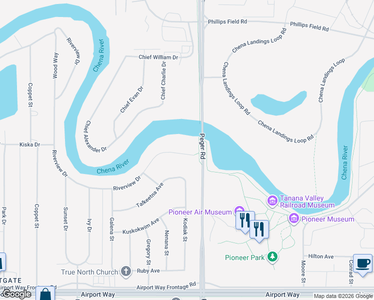 map of restaurants, bars, coffee shops, grocery stores, and more near 2514 Riverview Drive in Fairbanks