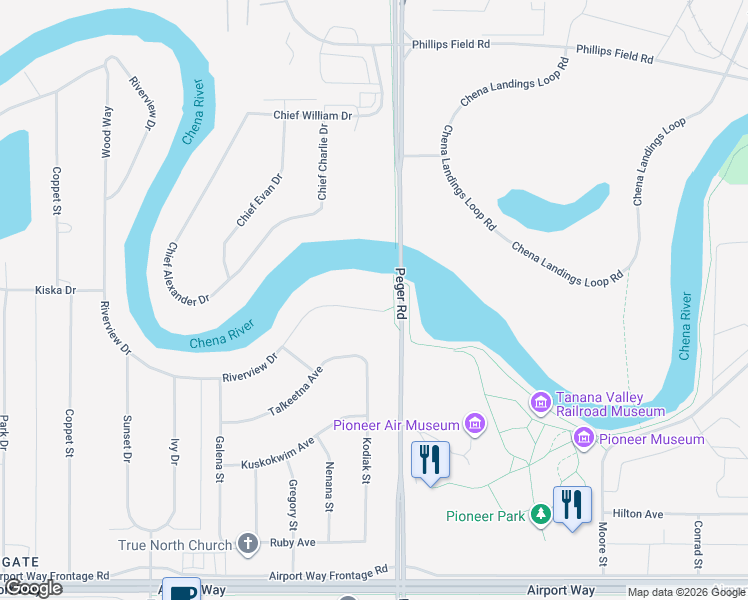 map of restaurants, bars, coffee shops, grocery stores, and more near 2514 Riverview Drive in Fairbanks