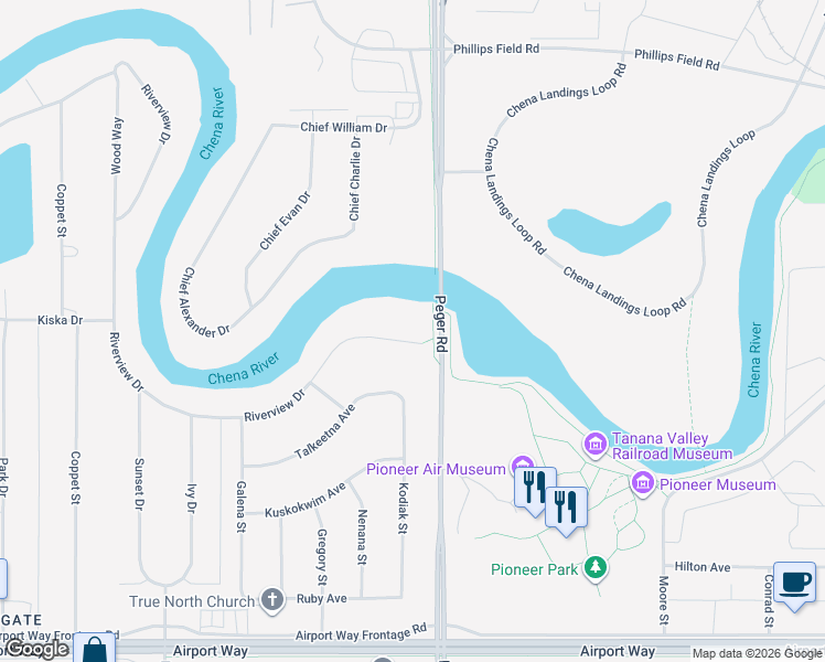 map of restaurants, bars, coffee shops, grocery stores, and more near 2514 Riverview Drive in Fairbanks