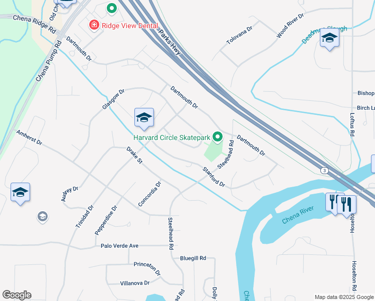 map of restaurants, bars, coffee shops, grocery stores, and more near 4717 Harvard Circle in Fairbanks