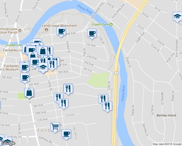 map of restaurants, bars, coffee shops, grocery stores, and more near 123 4th Avenue in Fairbanks