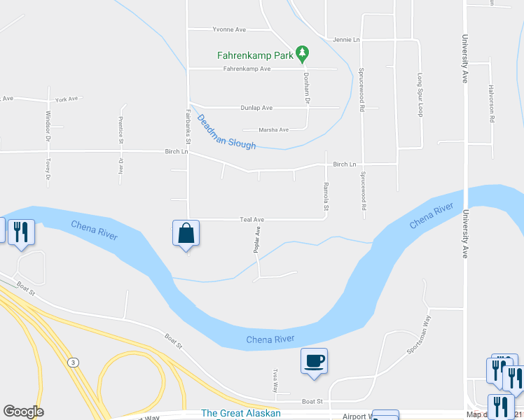 map of restaurants, bars, coffee shops, grocery stores, and more near 4048 Teal Avenue in Fairbanks