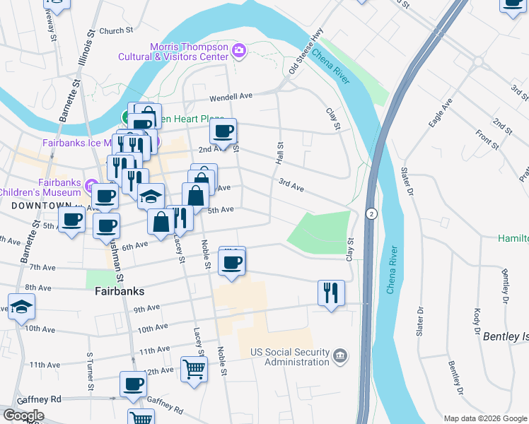 map of restaurants, bars, coffee shops, grocery stores, and more near 475 Hall Street in Fairbanks