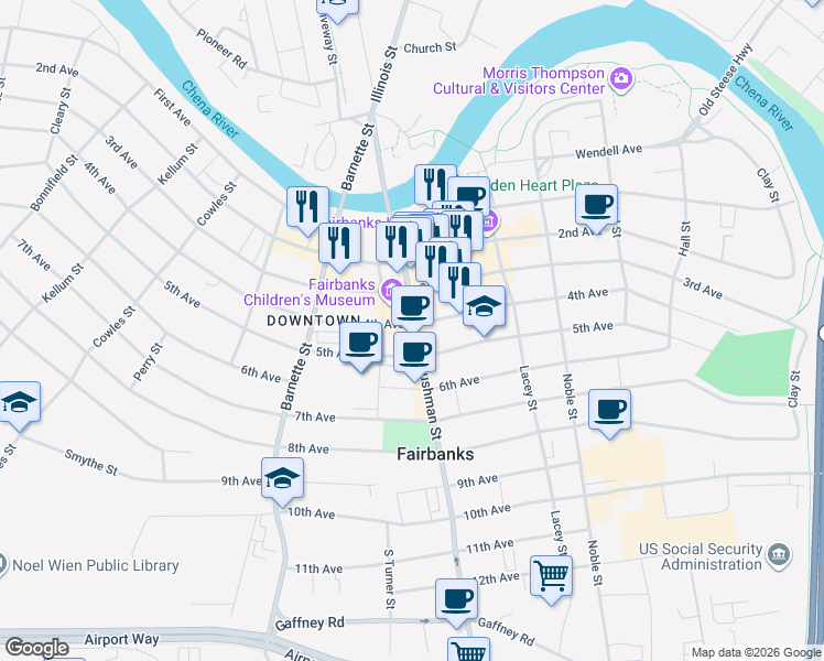map of restaurants, bars, coffee shops, grocery stores, and more near 406 Cushman Street in Fairbanks