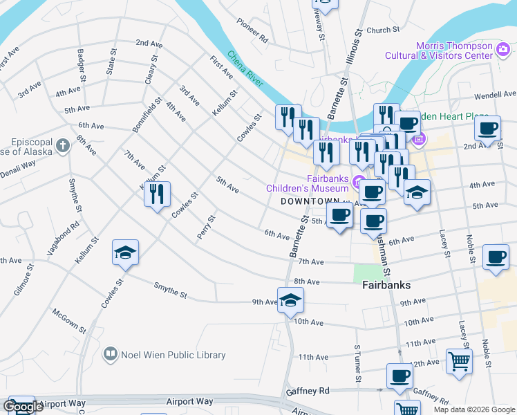 map of restaurants, bars, coffee shops, grocery stores, and more near 510 Wickersham Street in Fairbanks
